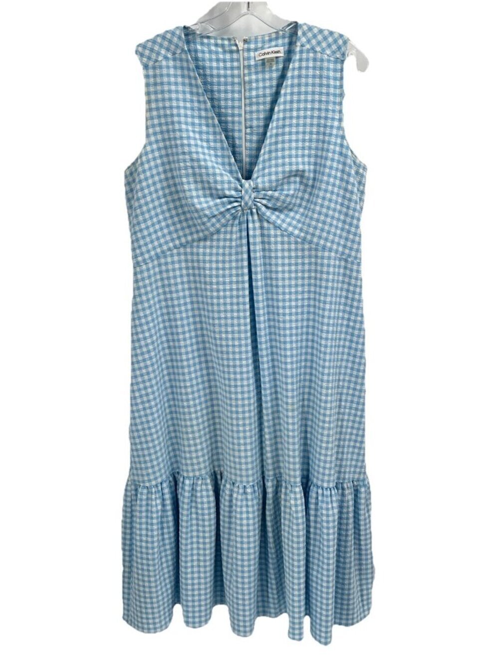 Calvin Klein Blue Gingham Midi Seersucker Dress Sz 14 Garden Party Feminine